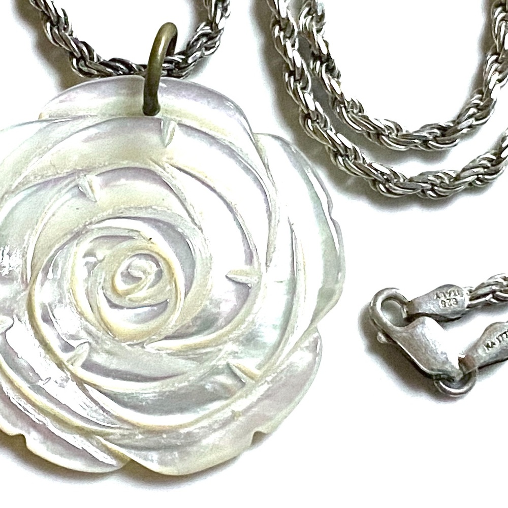 Sterling Silver Carved White Rose Necklace - Picture 3 of 5